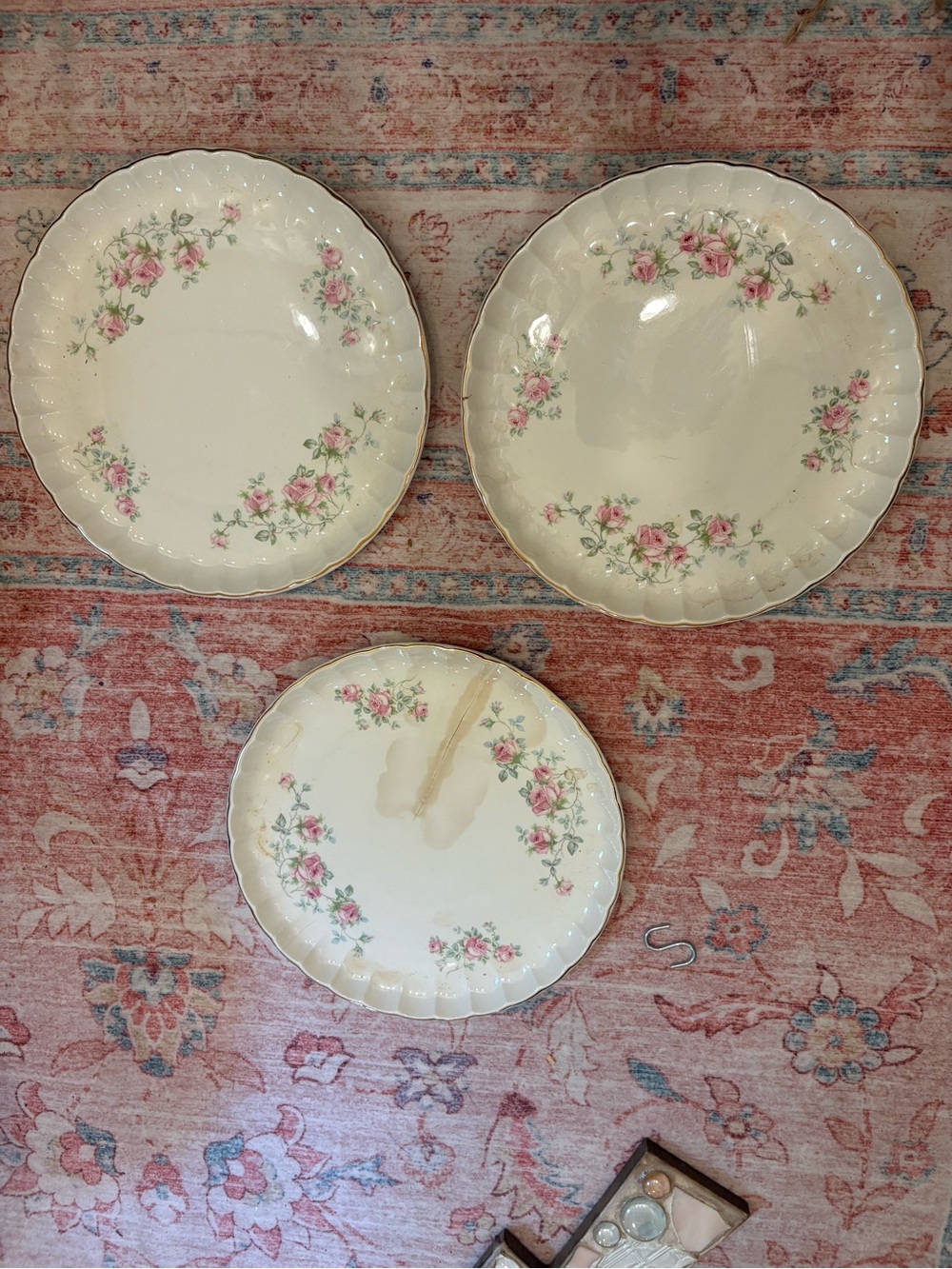 Vintage Floral Scalloped Dinner Plate - Pink Rose Pattern.  Three lovely plates.